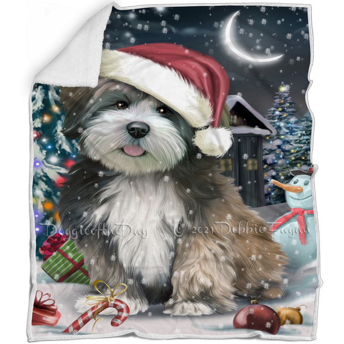 Have a Holly Jolly Christmas Lhasa Apso Dog in Holiday Background Blanket D183