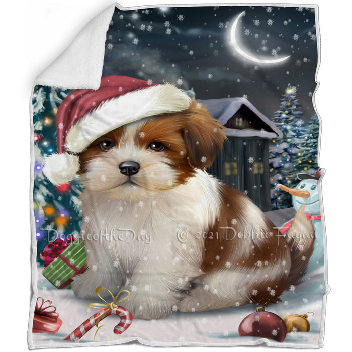 Have a Holly Jolly Christmas Lhasa Apso Dog in Holiday Background Blanket D185
