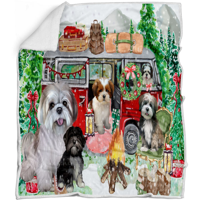 Christmas Time Camping with Lhasa Apso Dogs Blanket - Lightweight Soft Cozy and Durable Bed Blanket - Animal Theme Fuzzy Blanket for Sofa Couch