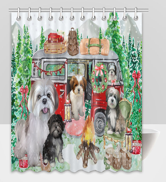 Christmas Time Camping with Lhasa Apso Dogs Shower Curtain Pet Painting Bathtub Curtain Waterproof Polyester One-Side Printing Decor Bath Tub Curtain for Bathroom with Hooks