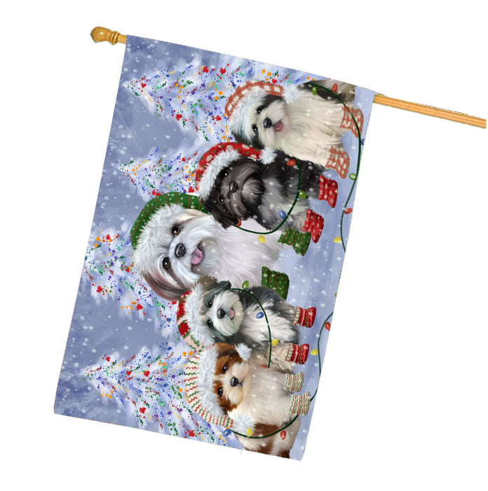 Christmas Lights and Lhasa Apso Dogs House Flag Outdoor Decorative Double Sided Pet Portrait Weather Resistant Premium Quality Animal Printed Home Decorative Flags 100% Polyester