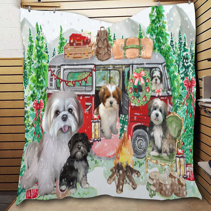 Christmas Time Camping with Lhasa Apso Dogs  Quilt Bed Coverlet Bedspread - Pets Comforter Unique One-side Animal Printing - Soft Lightweight Durable Washable Polyester Quilt