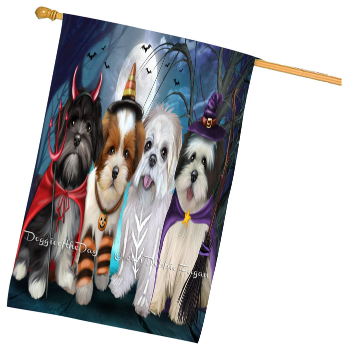 Halloween Trick or Treat Lhasa Apso Dogs House Flag Outdoor Decorative Double Sided Pet Portrait Weather Resistant Premium Quality Animal Printed Home Decorative Flags 100% Polyester