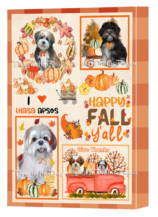 Happy Fall Y'all Pumpkin Lhasa Apso Dogs Canvas Wall Art - Premium Quality Ready to Hang Room Decor Wall Art Canvas - Unique Animal Printed Digital Painting for Decoration