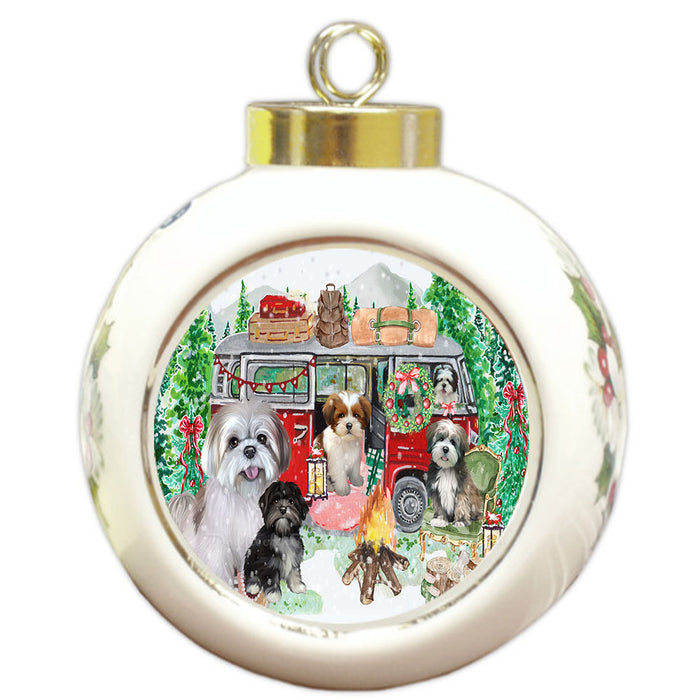 Christmas Time Camping with Lhasa Apso Dogs Round Ball Christmas Ornament Pet Decorative Hanging Ornaments for Christmas X-mas Tree Decorations - 3" Round Ceramic Ornament