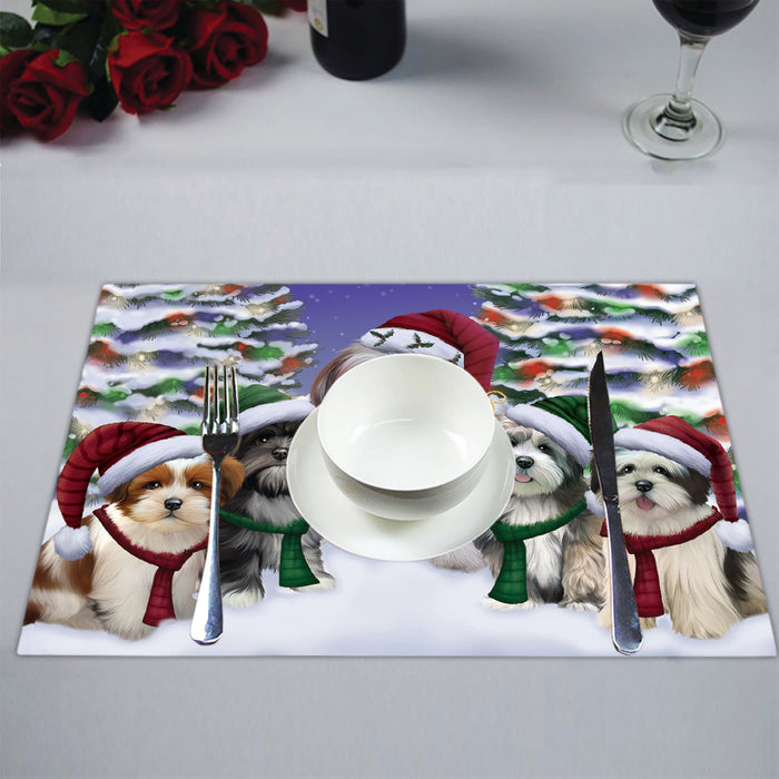 Lhasa Apso Dogs Christmas Family Portrait in Holiday Scenic Background Placemat