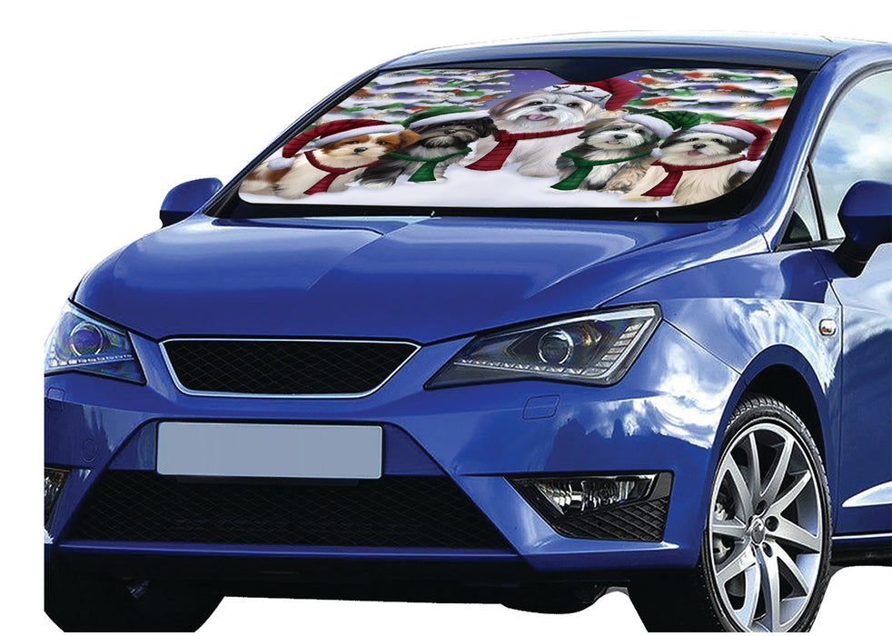 Lhasa Apso Dogs Christmas Family Portrait in Holiday Scenic Background Car Sun Shade