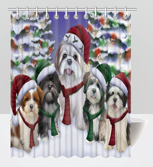Lhasa Apso Dogs Christmas Family Portrait in Holiday Scenic Background Shower Curtain