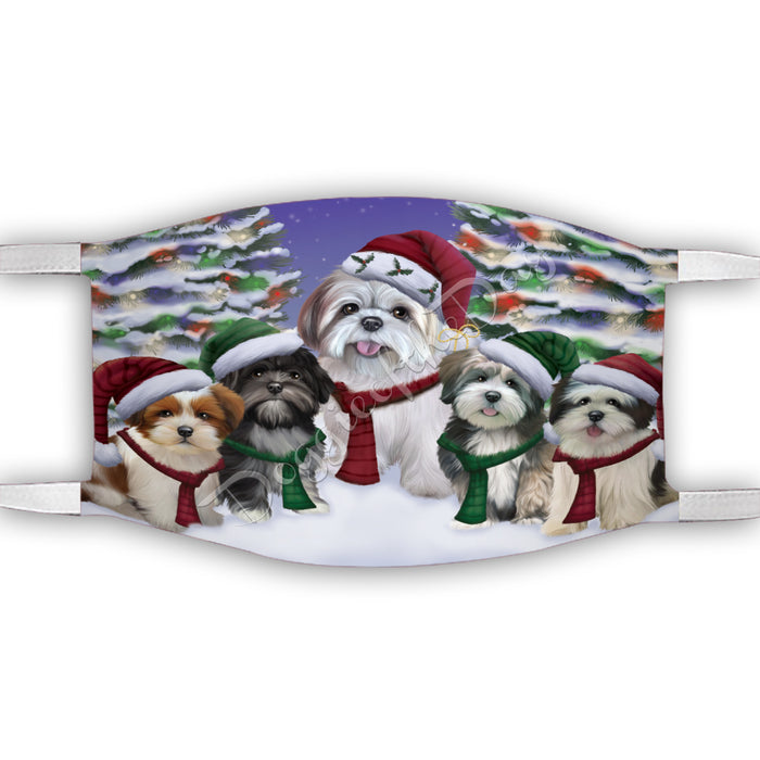 Lhasa Apso Dogs Christmas Family Portrait in Holiday Scenic Background Face Mask FM48358