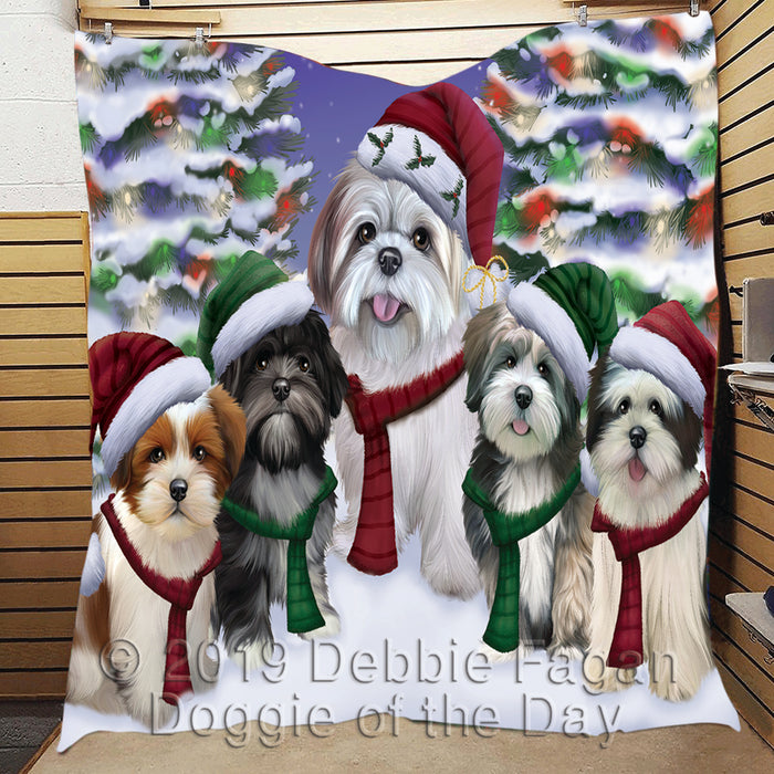 Lhasa Apso Dogs Christmas Family Portrait in Holiday Scenic Background Quilt