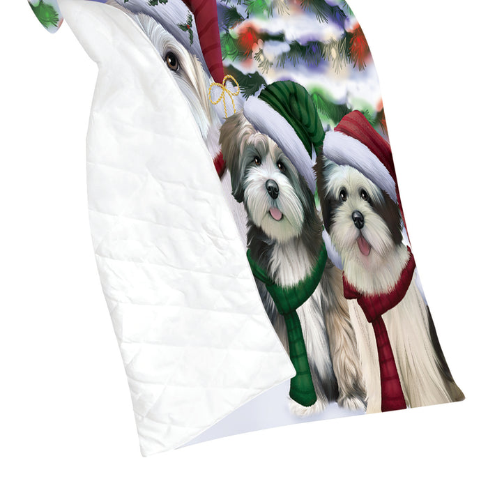 Lhasa Apso Dogs Christmas Family Portrait in Holiday Scenic Background Quilt