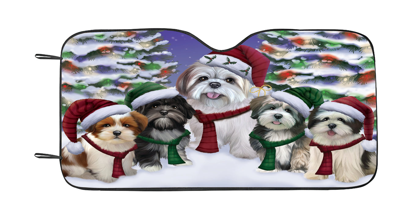 Lhasa Apso Dogs Christmas Family Portrait in Holiday Scenic Background Car Sun Shade
