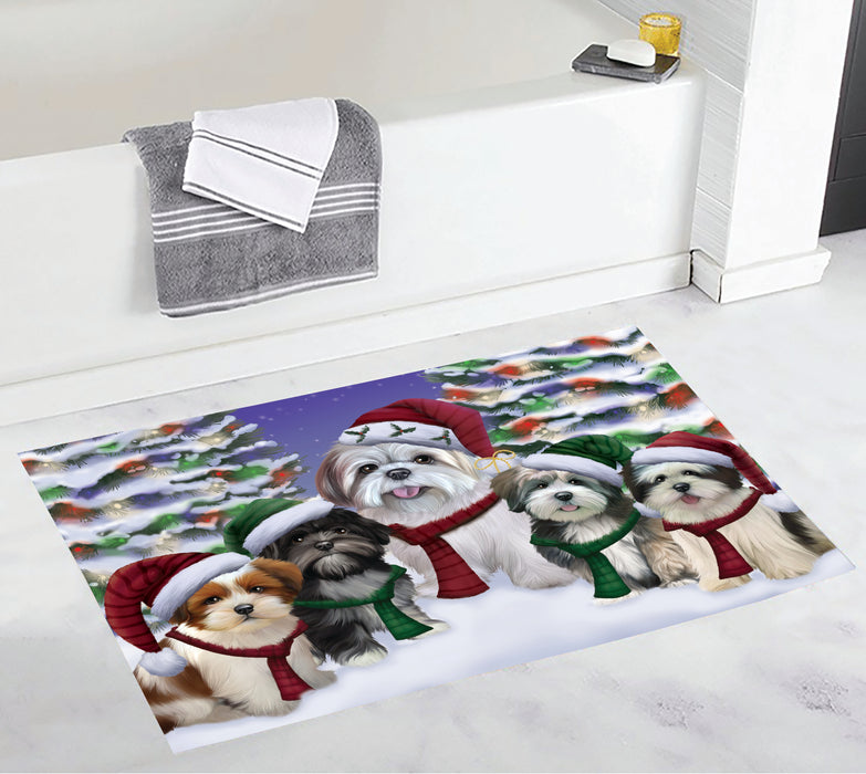 Lhasa Apso Dogs Christmas Family Portrait in Holiday Scenic Background Bath Mat