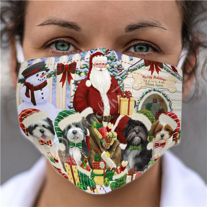 Happy Holidays Christmas Lhasa Apso Dogs House Gathering Face Mask FM48261