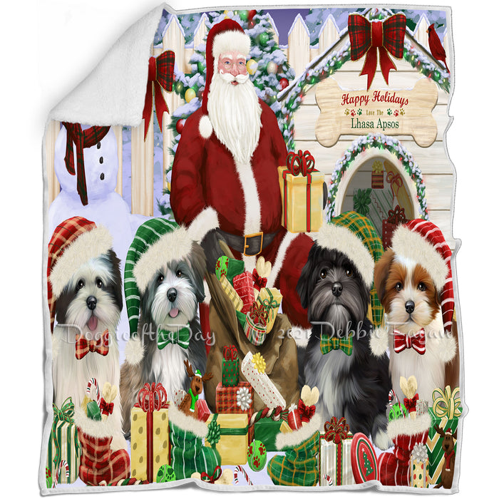 Happy Holidays Christmas Lhasa Apsos Dog House Gathering Blanket BLNKT78663