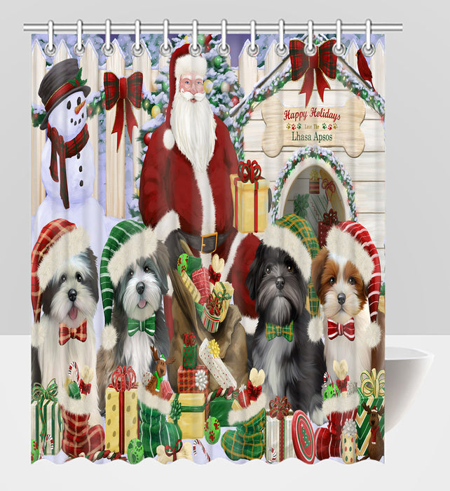 Happy Holidays Christmas Lhasa Apso Dogs House Gathering Shower Curtain