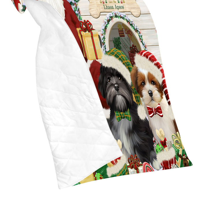 Happy Holidays Christmas Lhasa Apso Dogs House Gathering Quilt