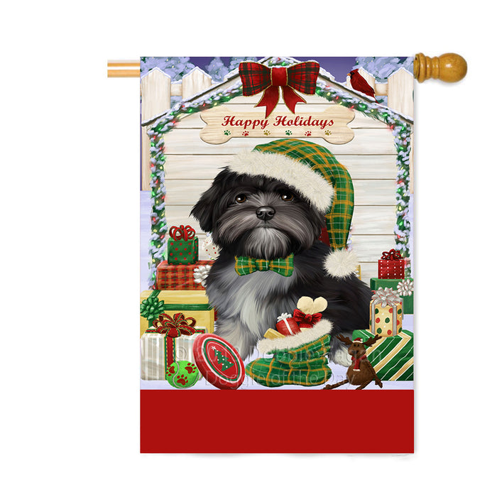 Personalized Happy Holidays Christmas Lhasa Apso Dog House with Presents Custom House Flag FLG-DOTD-A59390