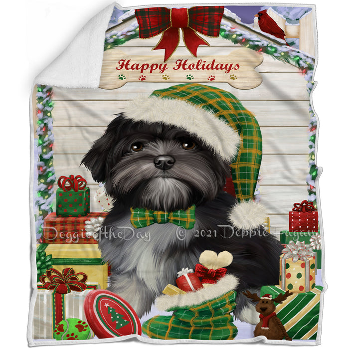 Happy Holidays Christmas Lhasa Apso Dog House with Presents Blanket BLNKT79176