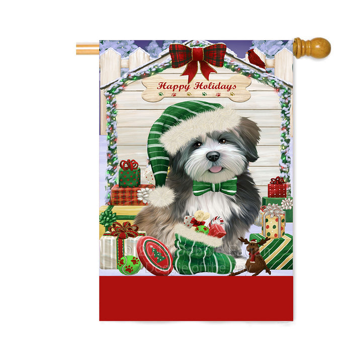 Personalized Happy Holidays Christmas Lhasa Apso Dog House with Presents Custom House Flag FLG-DOTD-A59391