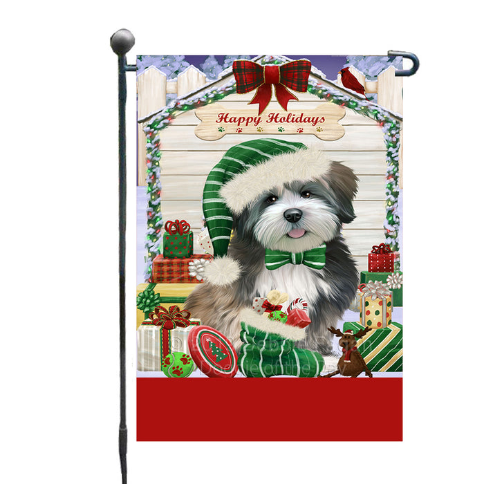 Personalized Happy Holidays Christmas Lhasa Apso Dog House with Presents Custom Garden Flags GFLG-DOTD-A59335