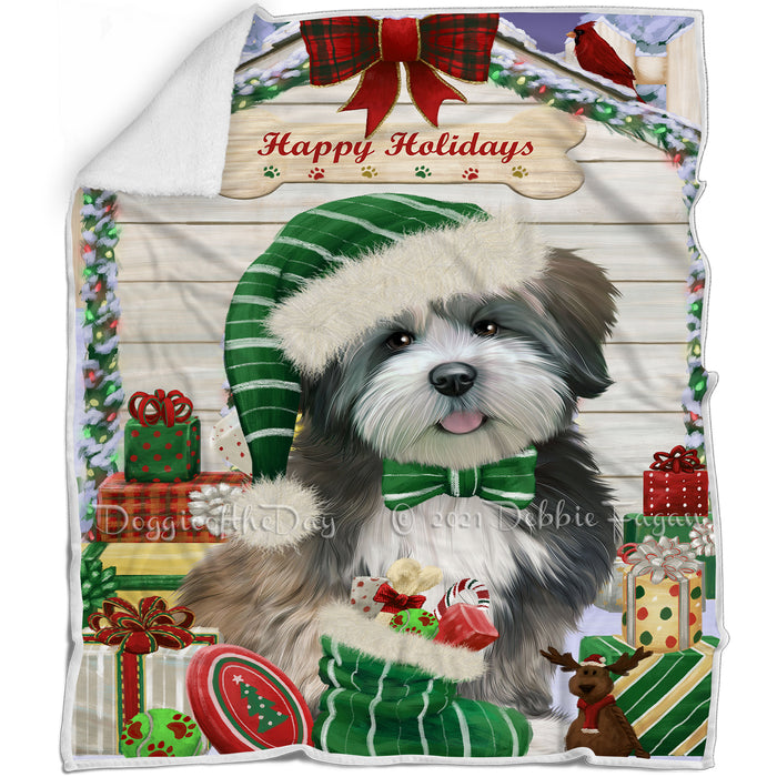 Happy Holidays Christmas Lhasa Apso Dog House with Presents Blanket BLNKT79185