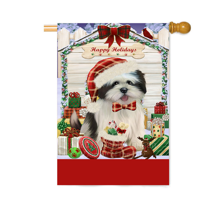 Personalized Happy Holidays Christmas Lhasa Apso Dog House with Presents Custom House Flag FLG-DOTD-A59392
