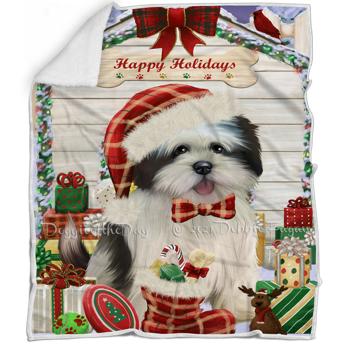 Happy Holidays Christmas Lhasa Apso Dog House with Presents Blanket BLNKT79194