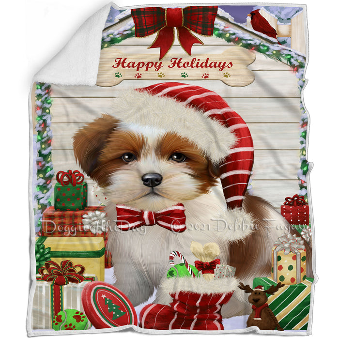 Happy Holidays Christmas Lhasa Apso Dog House with Presents Blanket BLNKT79203