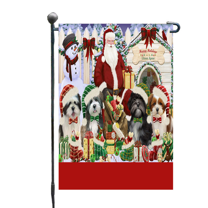 Personalized Happy Holidays Christmas Lhasa Apso Dogs House Gathering Custom Garden Flags GFLG-DOTD-A58536