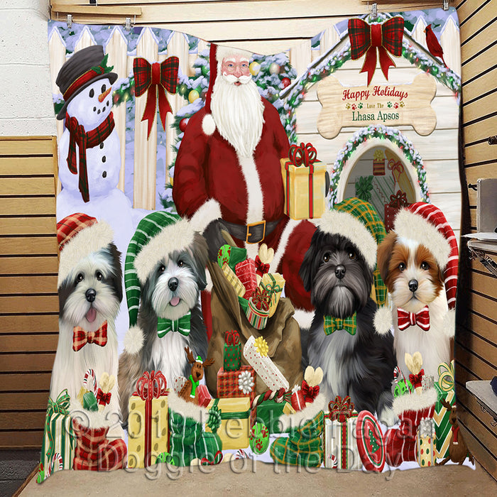 Happy Holidays Christmas Lhasa Apso Dogs House Gathering Quilt