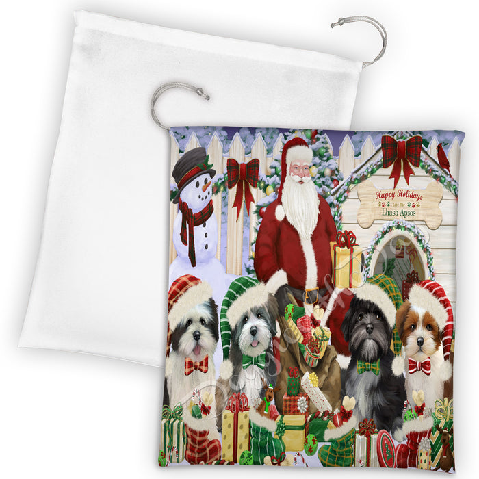 Happy Holidays Christmas Lhasa Apso Dogs House Gathering Drawstring Laundry or Gift Bag LGB48059