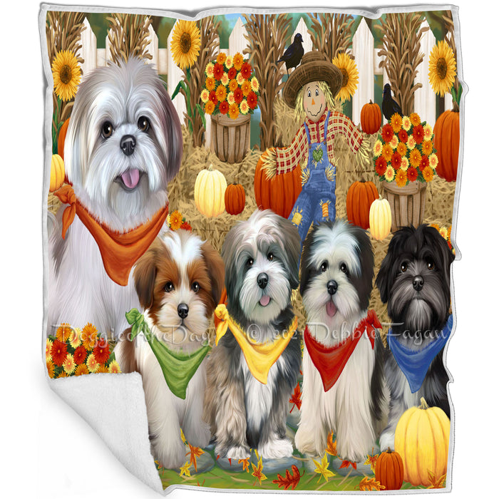 Fall Festive Gathering Lhasa Apsos Dog with Pumpkins Blanket BLNKT71931
