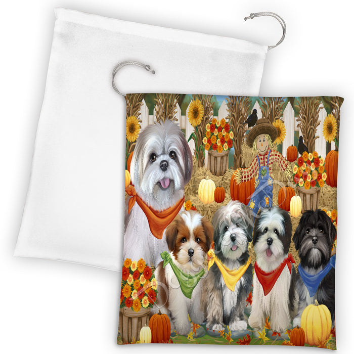 Fall Festive Harvest Time Gathering Lhasa Apso Dogs Drawstring Laundry or Gift Bag LGB48417