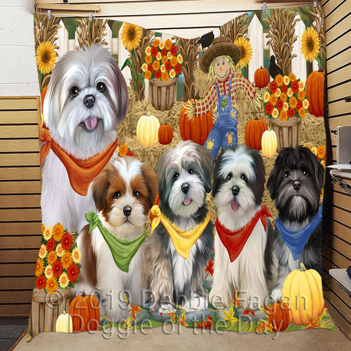 Fall Festive Harvest Time Gathering Lhasa Apso Dogs Quilt