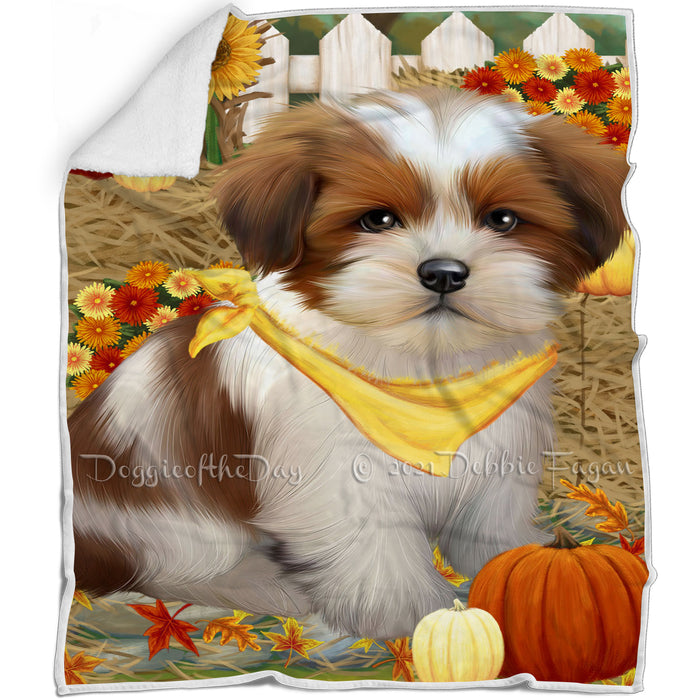 Fall Autumn Greeting Lhasa Apso Dog with Pumpkins Blanket BLNKT73056