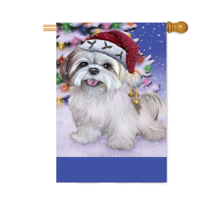Personalized Winterland Wonderland Lhasa Apso Dog In Christmas Holiday Scenic Background Custom House Flag FLG-DOTD-A61392