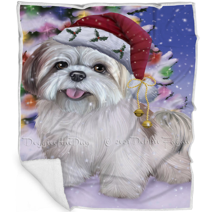 Winterland Wonderland Lhasa Apso Dog In Christmas Holiday Scenic Background Blanket