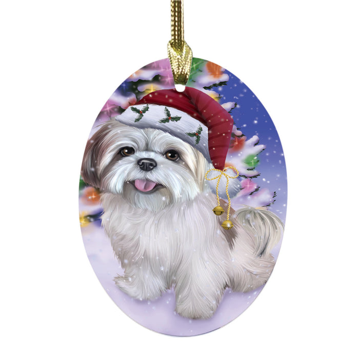 Winterland Wonderland Lhasa Apso Dog In Christmas Holiday Scenic Background Oval Glass Christmas Ornament OGOR49598