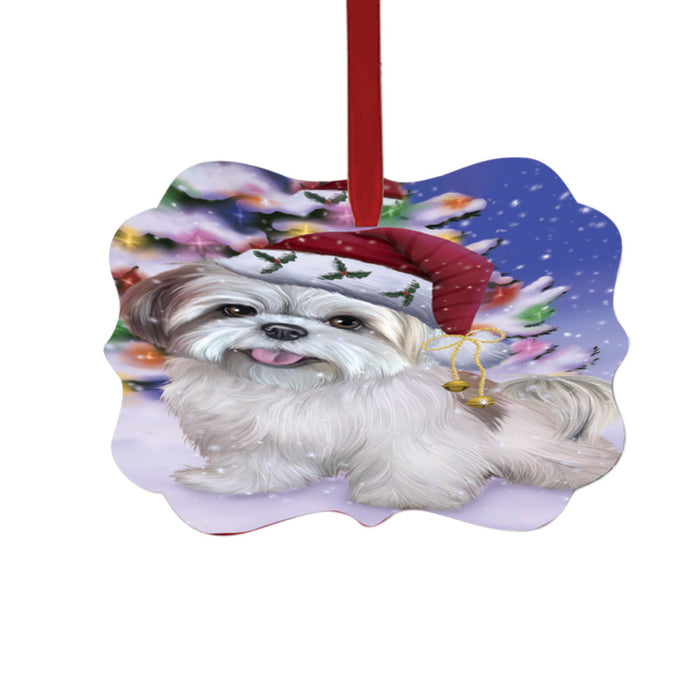 Winterland Wonderland Lhasa Apso Dog In Christmas Holiday Scenic Background Double-Sided Photo Benelux Christmas Ornament LOR49598