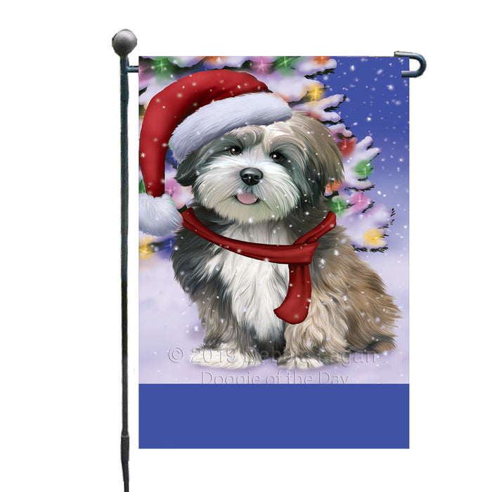 Personalized Winterland Wonderland Lhasa Apso Dog In Christmas Holiday Scenic Background Custom Garden Flags GFLG-DOTD-A61337