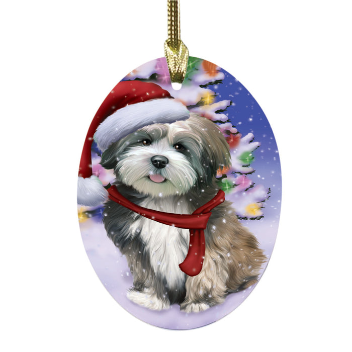 Winterland Wonderland Lhasa Apso Dog In Christmas Holiday Scenic Background Oval Glass Christmas Ornament OGOR49599