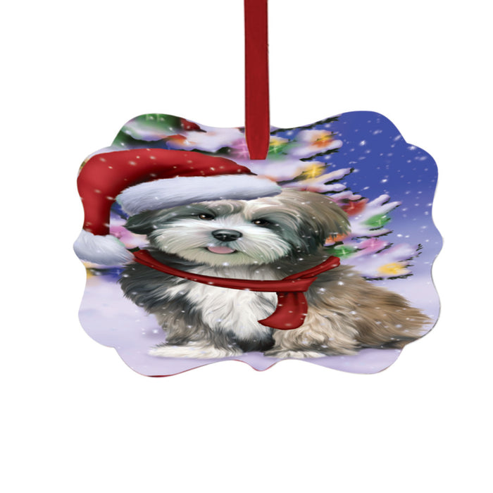 Winterland Wonderland Lhasa Apso Dog In Christmas Holiday Scenic Background Double-Sided Photo Benelux Christmas Ornament LOR49599