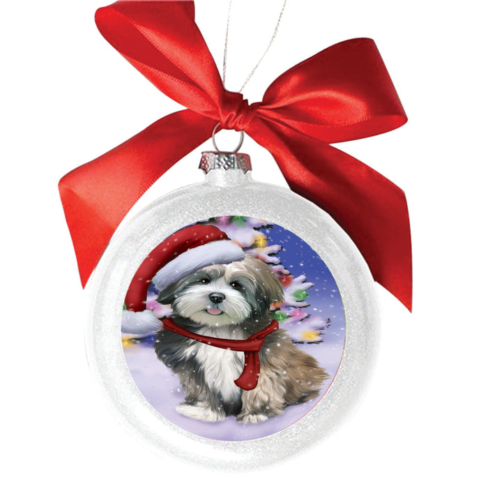 Winterland Wonderland Lhasa Apso Dog In Christmas Holiday Scenic Background White Round Ball Christmas Ornament WBSOR49599