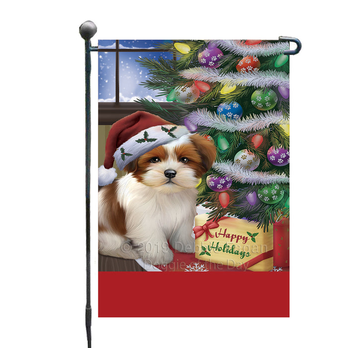 Personalized Christmas Happy Holidays Lhasa Apso Dog with Tree and Presents Custom Garden Flags GFLG-DOTD-A58643
