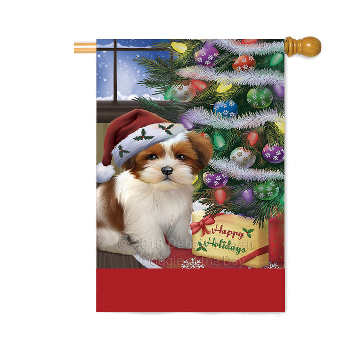 Personalized Christmas Happy Holidays Lhasa Apso Dog with Tree and Presents Custom House Flag FLG-DOTD-A58699