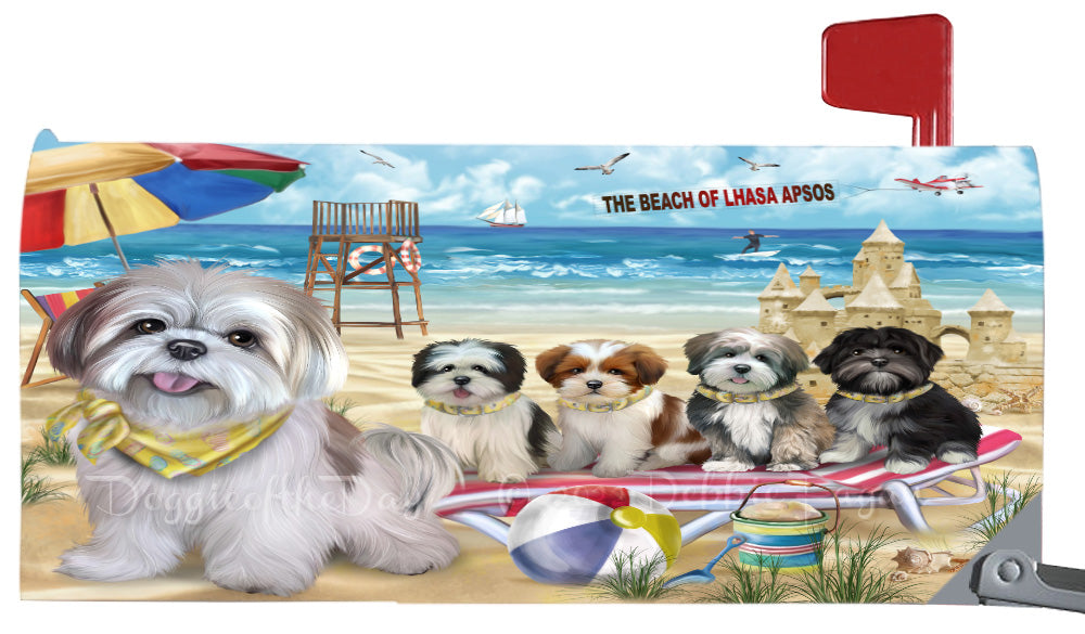 Pet Friendly Beach Lhasa Apso Dogs Magnetic Mailbox Cover Both Sides Pet Theme Printed Decorative Letter Box Wrap Case Postbox Thick Magnetic Vinyl Material