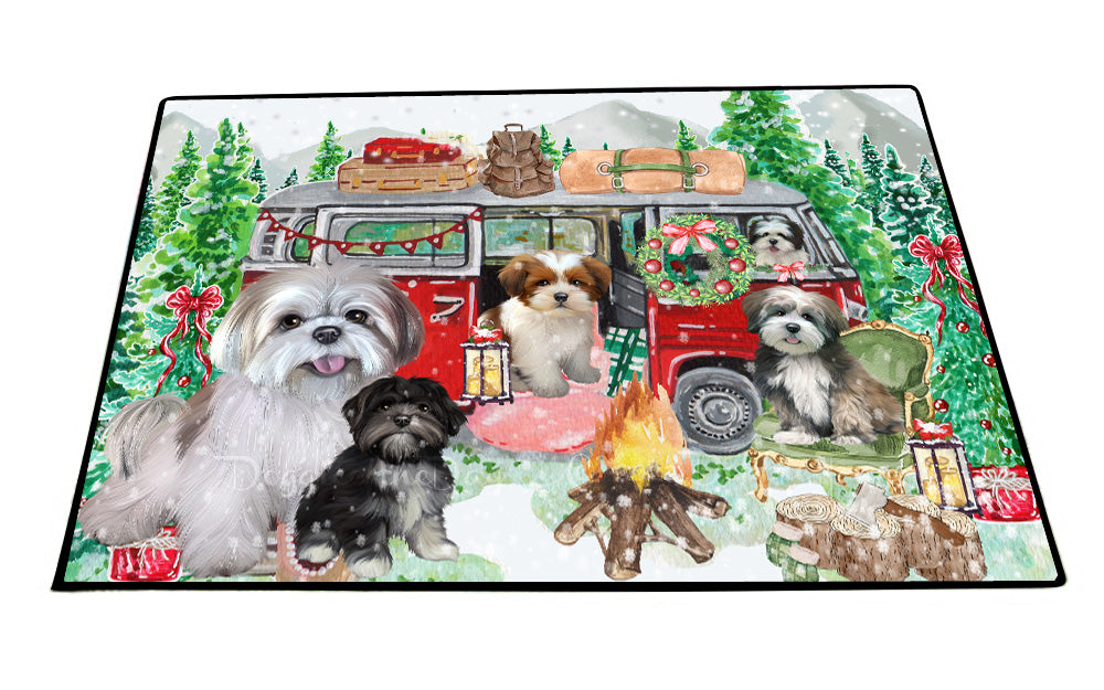 Christmas Time Camping with Lhasa Apso Dogs Floor Mat- Anti-Slip Pet Door Mat Indoor Outdoor Front Rug Mats for Home Outside Entrance Pets Portrait Unique Rug Washable Premium Quality Mat