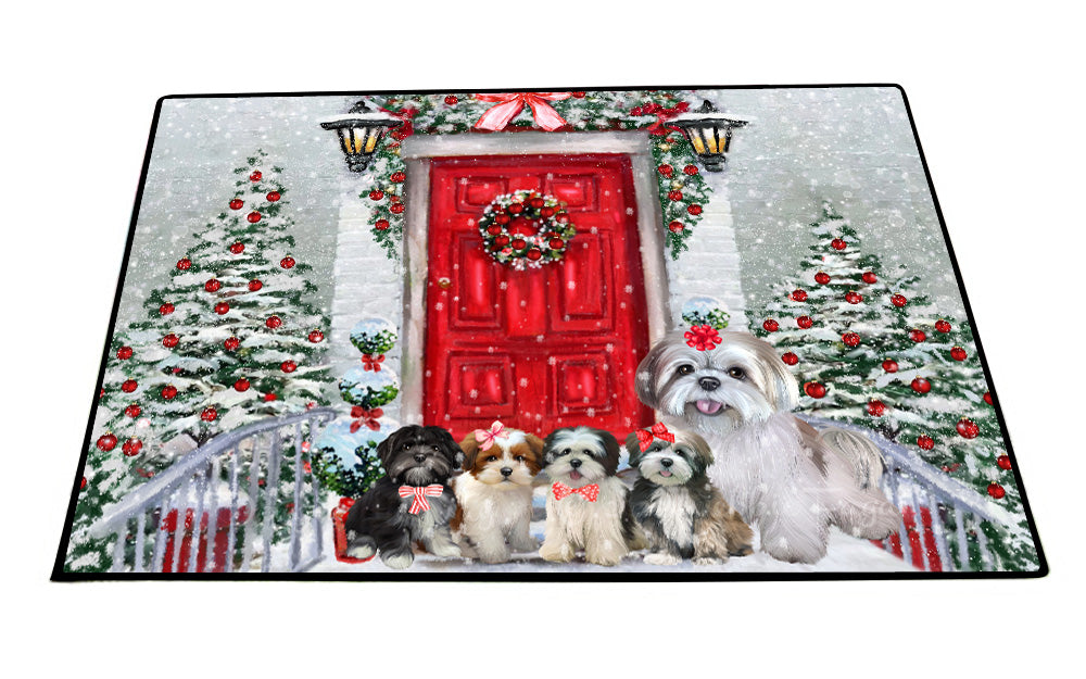 Christmas Holiday Welcome Lhasa Apso Dogs Floor Mat- Anti-Slip Pet Door Mat Indoor Outdoor Front Rug Mats for Home Outside Entrance Pets Portrait Unique Rug Washable Premium Quality Mat