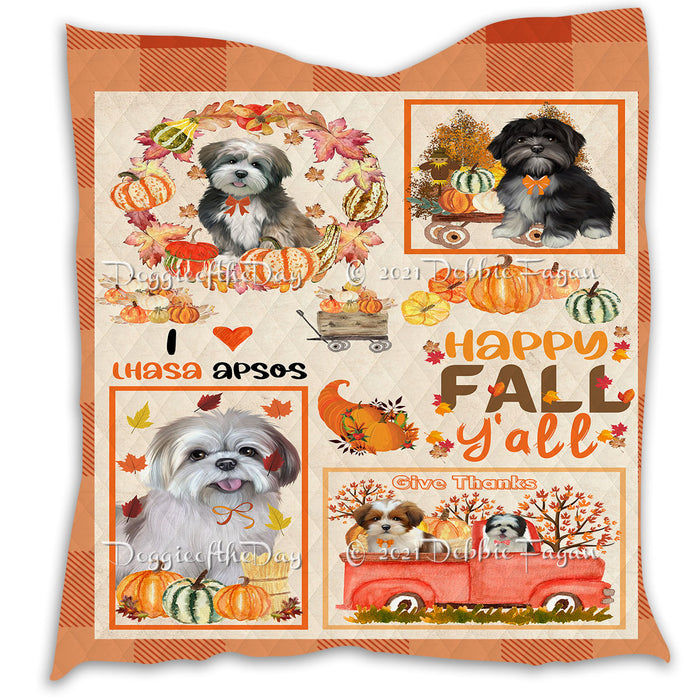 Happy Fall Y'all Pumpkin Lhasa Apso Dogs Quilt Bed Coverlet Bedspread - Pets Comforter Unique One-side Animal Printing - Soft Lightweight Durable Washable Polyester Quilt